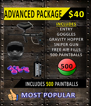 Advanced paintball package for $40 includes entry, goggles, gravity hopper, sniper gun, free air fills, and 500 paintballs